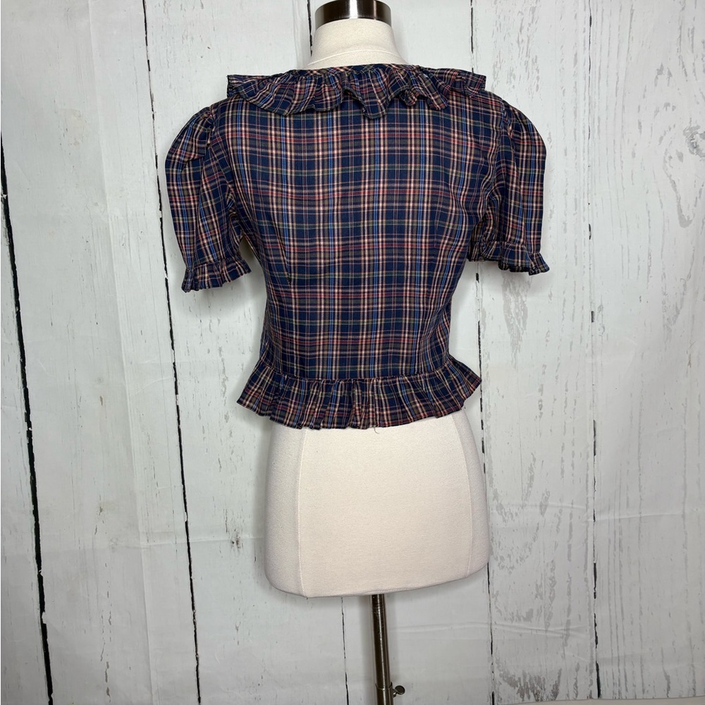 Plaid Ruffle Peplum Top - Navy Multi - Picture 2 of 5